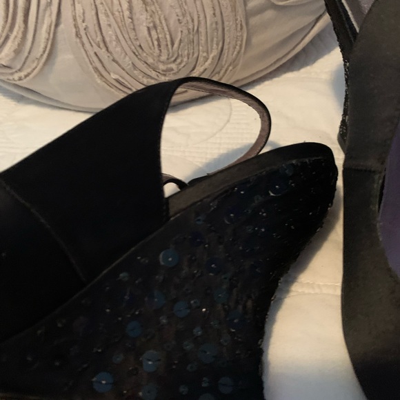Black satin wedges with sequin details on heal. - Picture 4 of 4